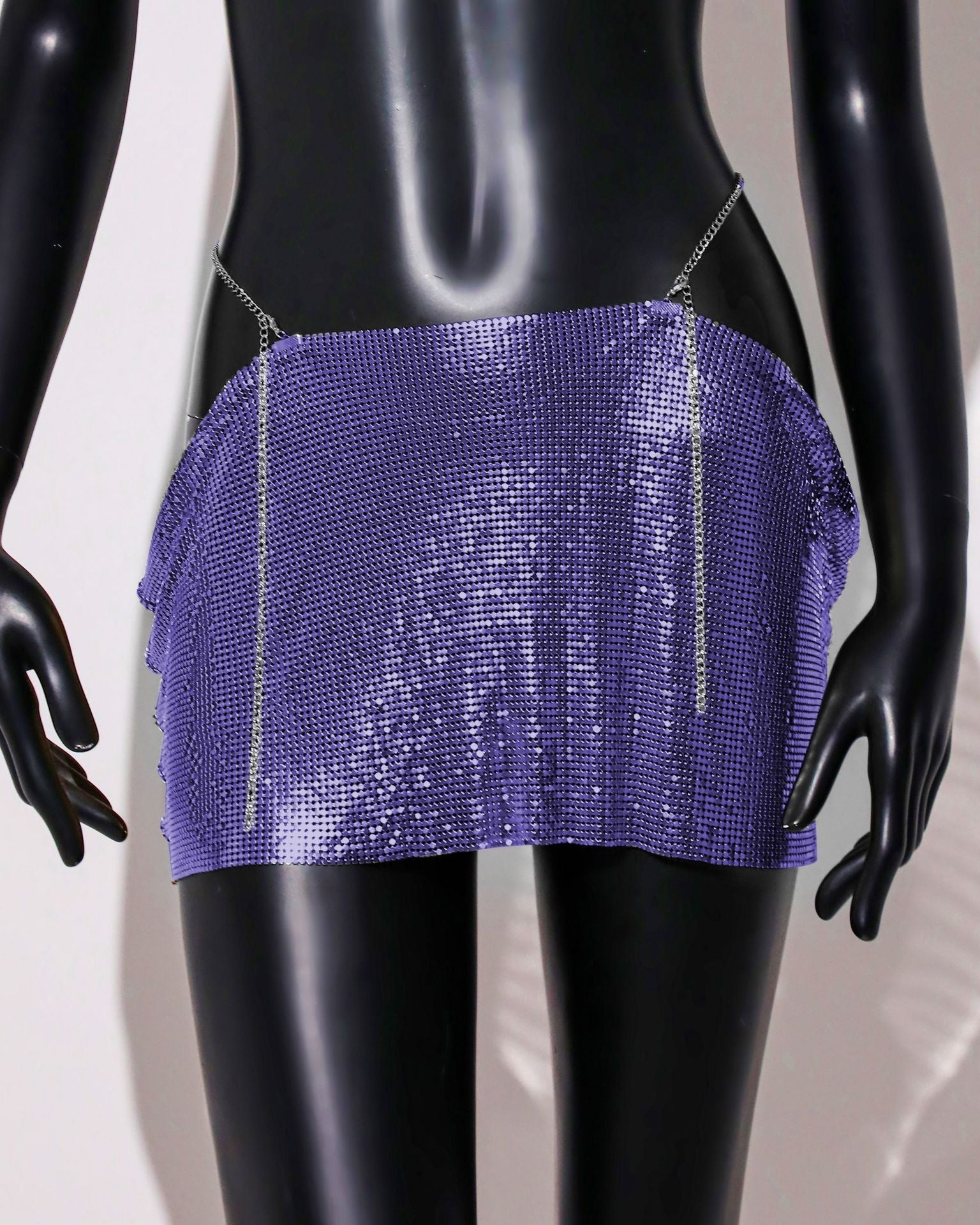 Image of Womens Sequin Skirt Mini Skirt Rave Dance Low Waist Metal Chains Waistband Skirt Club Party Skirts - purple / free size